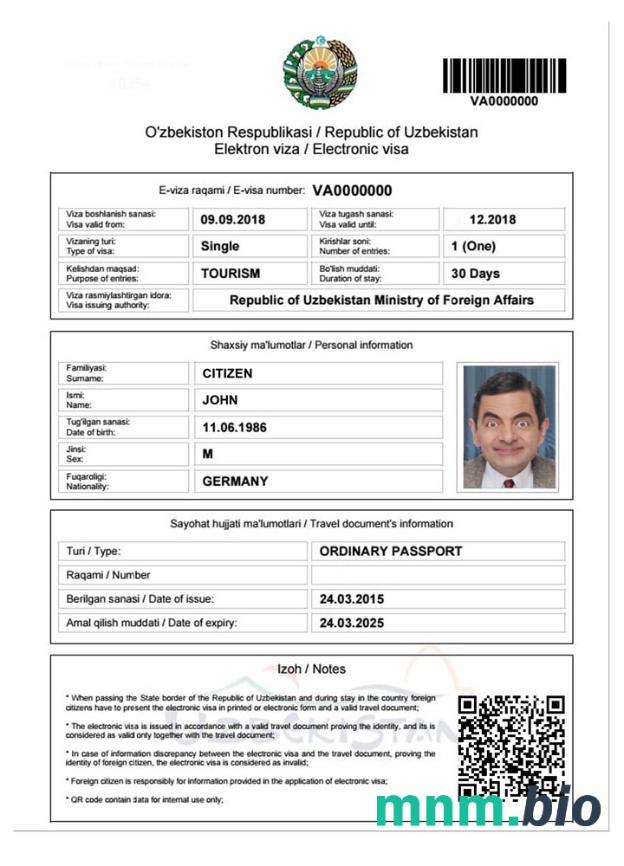 Uzbekistan - szablon wizowy ze wszystkimi czcionkami